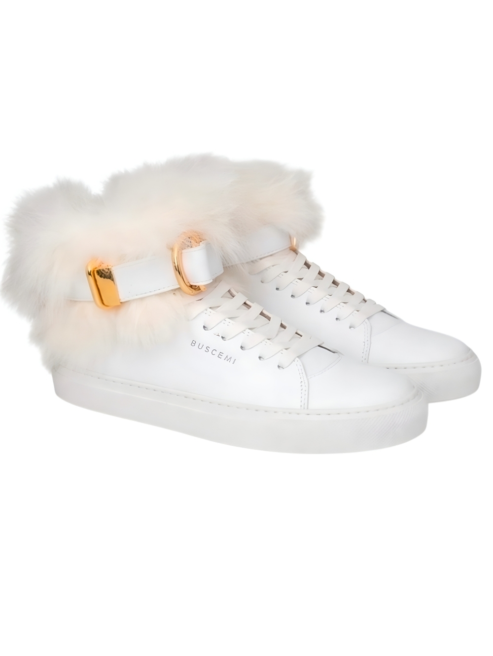BUSCEMI | 100MM White Rabbit Fur High Top Sneakers Gold Buckle EU 37 US 7
